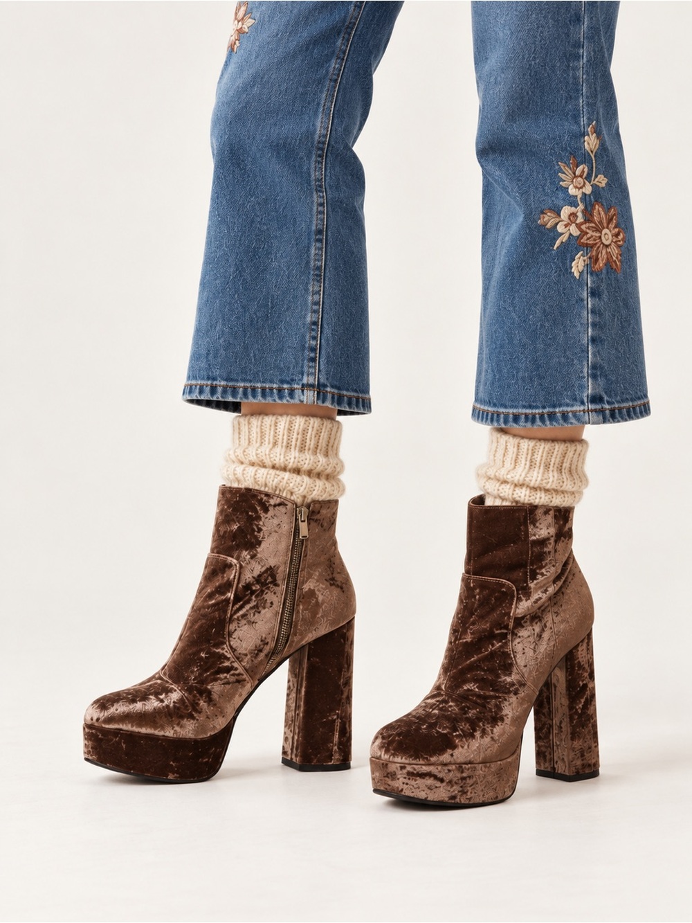 Brown Crushed Velvet Platform Ankle Boots Gianni Bini 8 Chunky Heel Zip Boho Y2K